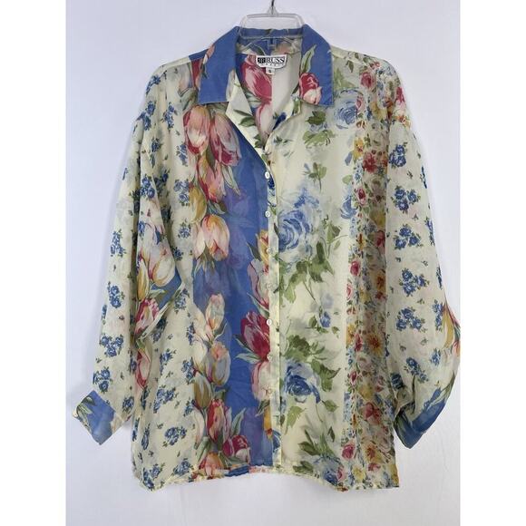 Vintage Sheer Chiffon Blouse Floral Print Boho Garden Button Down S/M - Picture 5 of 11